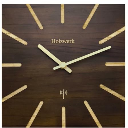 Holzwerk Natur Holz Funk Wanduhr Holz-Uhr Funkwanduhr Eckig Funkuhr Vintage laufleises Uhrwerk ohne Tickgeräusche Buche Braun Grau nahezu lautlos Massivholz Natur 25 cm (HWN.Braun.)