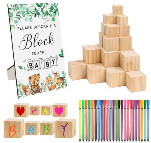 Set di 55 giochi per baby shower, baby shower, set da 30 blocchi per dipingere baby shower, in 4 misure, 24 pennarelli acrilici e 1 cartello da gioco, decorazione per baby shower, giochi e ragazze e