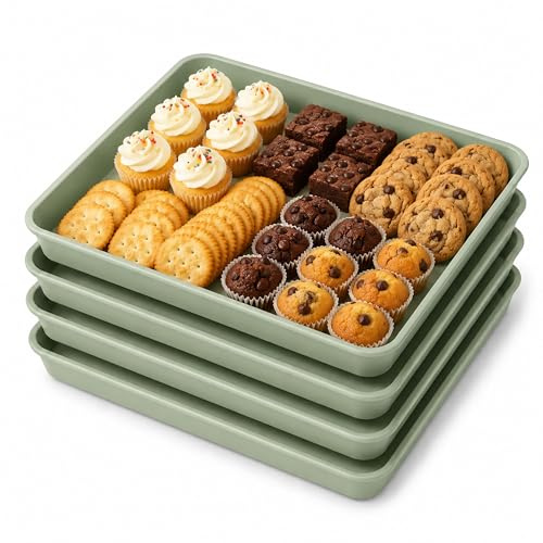 URMONA Vassoio da Portata in Plastica BPA Free, Set 4 Pezzi, Piatto da Servizio per Buffet e Party, Vassoio Snack per Dolci e Biscotti, Leggero per Cucina (36×26 CM,Verde)