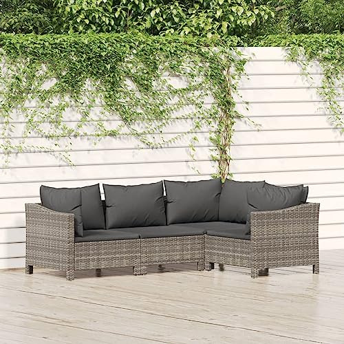 LoogCape Salon de jardin 4 pièces - En polyrotin gris avec coussins gris foncé - Groupe de sièges d'extérieur modulaire pour terrasse, balcon et véranda