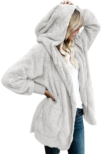 CHICGAL Womens Fuzzy Jacket Sherpa Coat Open Front Hooded Cardigan Outwear with Pockets (M, Light Grey0)