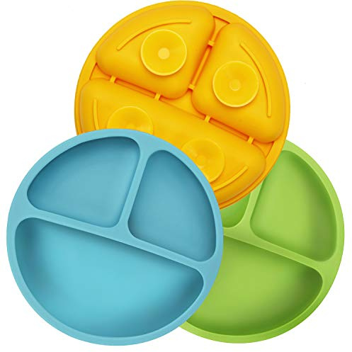 PandaEar Silikon baby tallrik halkfri barnbordstallrik med sugkoppar – delad stabil babytallrik småbarn tallrik – BPA-fri – 3-pack – diskmaskins- och mikrovågsugnssäker – blå grön gul