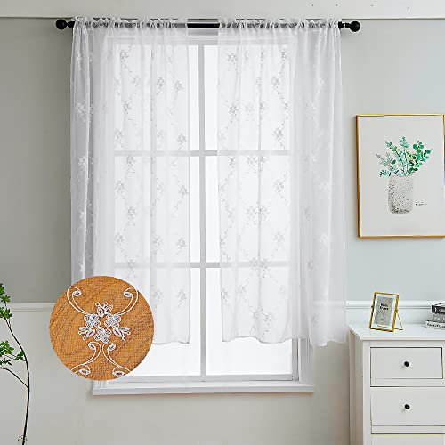 LIVETTY Original Net Curtains 63 Inch Drop 2 Panels Set Windows White Eyelet, Transparent Linen Style Voile 3D Floral Classic Embroidery for Bedroom, Living Room, Kitchen