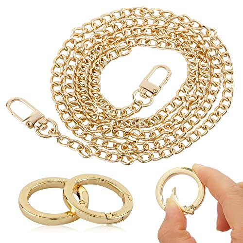 BETESSIN 120cm Cadena de Bolso Dorada con Hebillas, Cadena Repuesto de Metal Dorada de Cartera, Correa Hierro Bolso Kit Mosquetón Redondo, Anillo Resorte de Aleación para Bolso, Cadena+Mosquetón