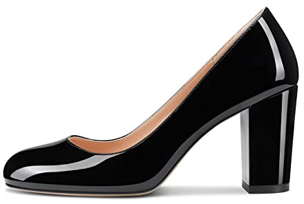 Aachcol Femmes Escarpins Bloc Chunky Haut High Talon Heel Fermé Rond Bout Slip-on Chaussures 8 CM Noir Vernis 38 EU