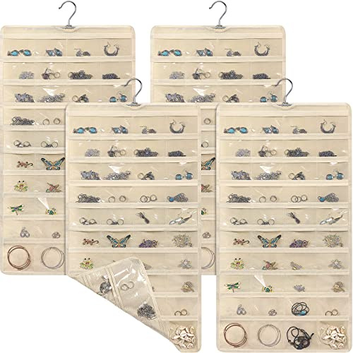 Kenning 4 Pcs Hanging Jewelry Organizer with 80 Pockets Earring Storage Organizer Dual Sided Earring Holder Necklace Hanger Closet for Bracelet, Necklace, Ring, Knitting Tool, Accessories, Beige