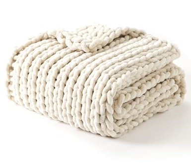 YnM Chunky Throw Blanket, Hand Knitted with Chenille Yarn, Skin Friendly, Ventilated and Breathable, Machine Washable, Home Décor Piece for Couch, Sofa and Bed (Butter Cream, 60x80 Inch)