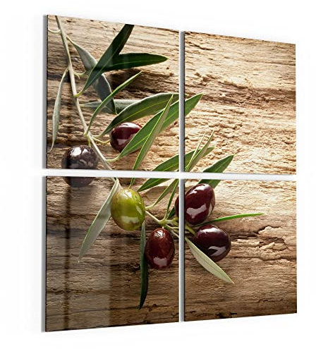 DEQORI Glasbilder Acrylglas | Motiv Dekorativer Olivenzweig | quadratisch 4-teilig 100x100 cm | große XXL Deko | Wandbilder für Wohnzimmer, Schlafzimmer, Flur & Küche | moderne Wanddeko