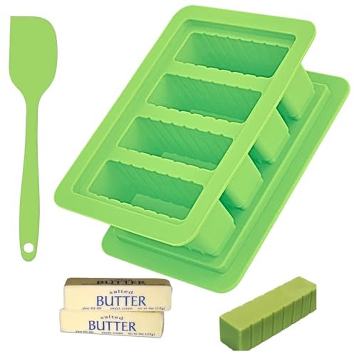 Stampo per burro in silicone (LXE02.2) e spatola in silicone - Contenitore per burro in silicone con coperchio, 4 forme per preparare candele al burro alle erbe e biscotti da forno