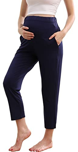 ZUMIY Pantalons de Maternité, Pantalon de Grossesse pour Femme, Maternité Basique Pantalon Décontracté Abdominal Panel sur Le Ventre avec Poches, Super Élastique et Confortable (L,Navy Blue)