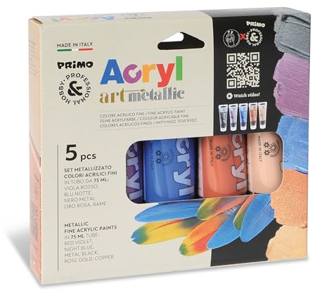PRIMO Hobby & Professional - Colori Acrilici per Dipingere Professionali con 5 Tubi Colore Acrilico Fine da 75 ml Metal, Set Acrilici per Dipingere su Tela, Tessuti e Altro, Lavoretti Creativi e Hobby