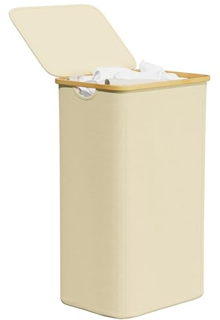 SpaceAid Laundry Hamper with Lid, 110L Large Tall Clothes Basket Bin with Bamboo Handles, Collapsible Laundry Hamper for Bedroom, Bathroom, Dorm, Laundry Room - Beige