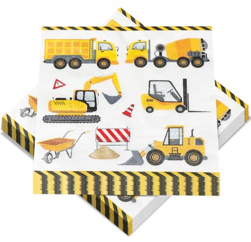 Servetter grävmaskiner, 40 stycken byggarbetsplatser servetter för födelsedag, servetter bordsdekoration byggfordon bulldozer hjullastare, fordon pappersservetter för barn födelsedag BAU temafest, 33