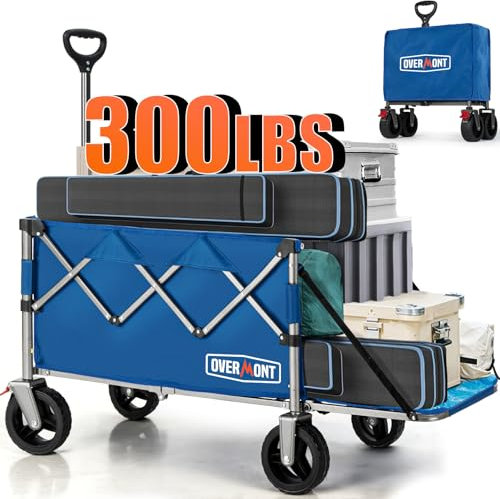 Overmont Chariot de Festival Pliable 200 L – Roues et Freins Extra Larges – Chariot Robuste jusqu'à 150 kg – avec poignée réglable et Sac de Housse – Chariot pour Plage, Camping, Jardin – Bleu