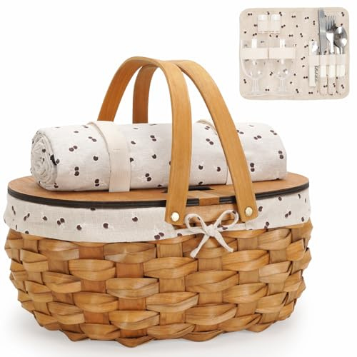 TECANA Picknickkorg för 2 – picknickset med lock och handtag | stor picknickkorg med filt och avtagbart foder | picknickkorgar för par | strandpicknickset | campingkorg (valnöt)