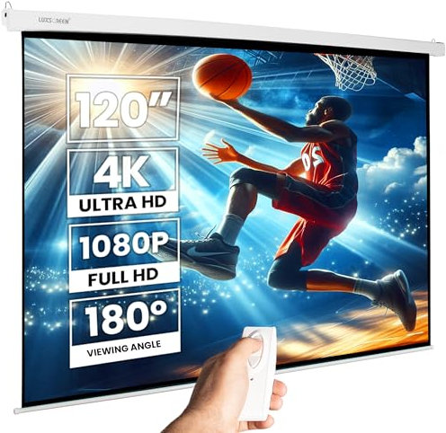 Pantalla de proyeccion motorizada para proyector, cajetin de Acero Lacado en Blanco, Pantalla para proyector electrica con Mando inalambrico, Auto Enrollable, Compatible con 4K (264 x 150 cm Pro)