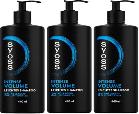 SYOSS Shampoo Intense Volume Leichtes Volumen Shampoo (3x 440 ml), Haarshampoo für feines, plattes Haar, spendet bis zu 48 h langanhaltendes Volumen, Formel mit 3% Kollagen-Lift-Komplex