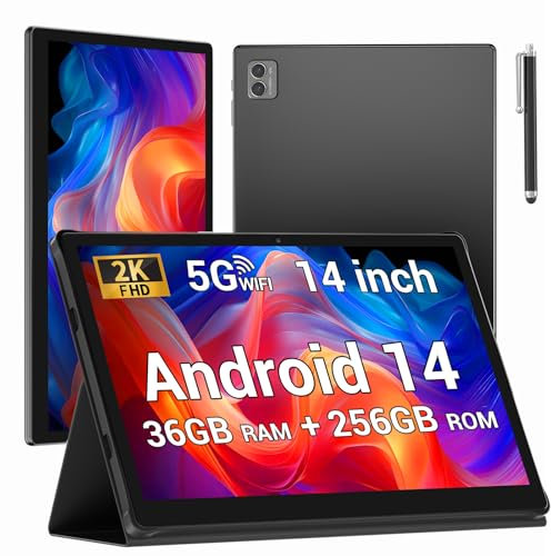 BEYNIVAN Tablet 14 Pulgadas Android 14 Tableta 5G WiFi,11580mAh y 20W,36GB RAM+256GB ROM/2000 * 1200 incell FHD/Face ID/GPS/BT 5.0/TÜV/USB-C,Tablet con Lapiz,Negro