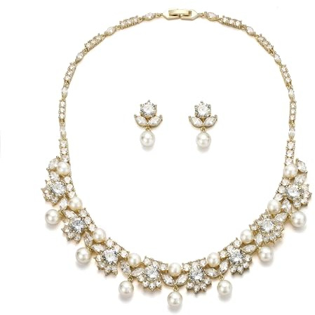 EVER FAITH bröllopssmycken för brud, vackra kubiska zirkoniastenar falsk pärla vit elegant blomma brud bal choker halsband stiftörhängen set för kvinnor, kubisk zirkonia Pärlimitation, Kubisk zirkonia