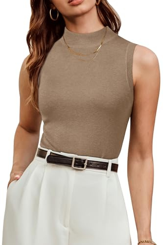 Arach&Cloz 2026 Womens Cashmere Sweater Tank Tops Summer Fall Sleeveless Vest High Mock Neck Soft Stretchy Cute Fashion Dressy Business Casual Teacher Outfits Trendy Knit Slim Work Clothes Camel S