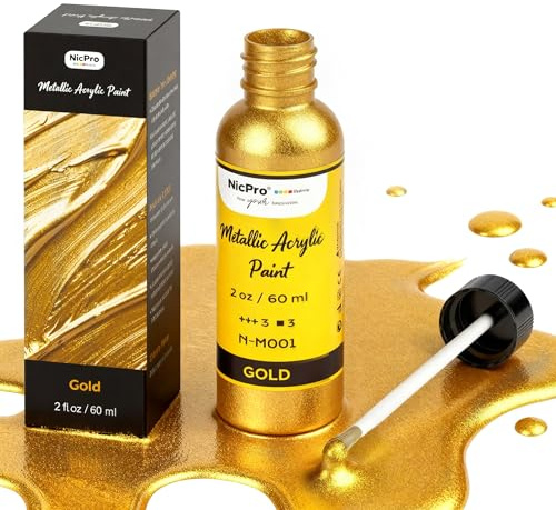 Nicpro Gold Leaf Paint - 2oz/60ml Metallic Gold Acrylic Paint, Water-Based Non Toxic Non Fading Touch Up Paints for Crafts, Metal, Wood, Clay, Fabric, Canvas, Furniture, Handcrafts, Art Supplies