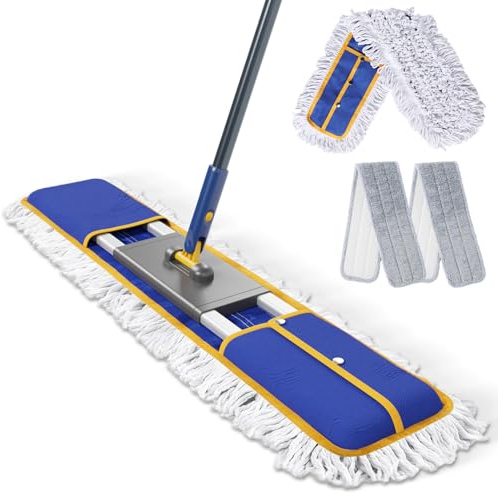 Eukue Balai Serpillère Professionnel, 90cm Grande Serpillère en Microfibre avec 3 Tampons, Balais à Plat Serpillere Coton avec Manche INOX, Balais Nettoyer Sol pour Bureau, Garage, Entrepôt-Bleu