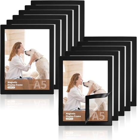 WENLISELL 20 PCS A5 Black Magnetic Display Frame, Self Adhesive Magnetic Photo Frame for Wall, Magnet Paper Holder for Notices, Photos, Documents, License, Arts