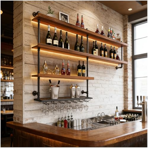 Portabottiglie da parete con supporto in vetro LED, Porta Industriali Bottiglie Di Vino Con Ripiano Espositivo, Enoteca Galleggiante A Parete in Legno, applica casa bar sala da pranzo cucina (80cm)