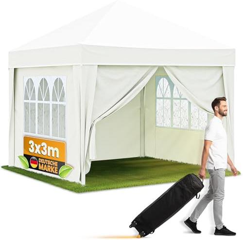 NATURIZ® Pavillon 3x3 Wasserdicht Stabil Winterfest und UV 50+ Schutz - Faltpavillon mit Seitenwänden - Pop Up Zelt für Garten, Camping, Märkte - Gartenpavillon (Beige, 3x3m)