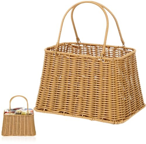 LAPYAPPE Cesto da Picnic Portatile Intrecciato a Mano, Cestino Portafrutta Resistente All’usura, Cesta della Spesa Multifunzionale in Stile Retrò per Casa e Outdoor