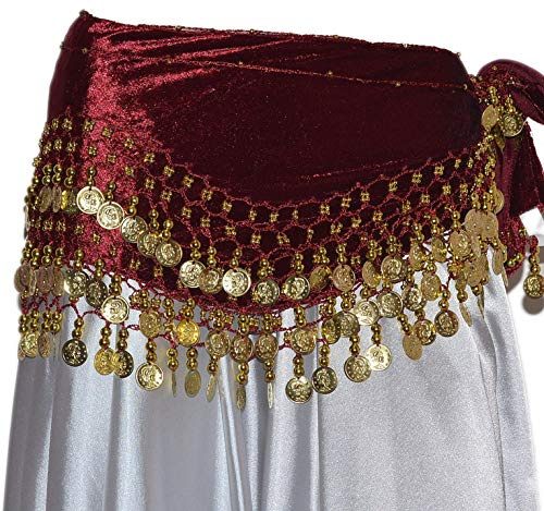 Magdans Münthandduk höftduk Belly Dance magdance magrygg HIP Scarf karneval XXL, Vinröd, XXL