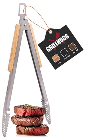 12 Tongs 18/0 Stainless Steel BBQ Grill Tongs with Ergonomic Real Oak Wood Handle for Cooking - Durable Grilling Accessory, Tongs for Cooking & Kitchen, Outdoor Barbecue, Easy to Clean