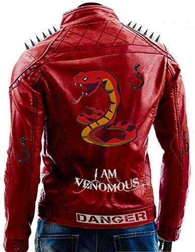 HiFacon Giacca da motociclista da uomo con scritta I am Venomous Last Bite Last Breath Serpents borchiate Red Brando Vintage Motorcycle Retro Biker Giacca in pelle capispalla, Rosso - Giacca con