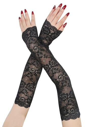Suxgumoe Guanti lunghi in pizzo floreale da donna, scaldabraccia senza dita, Nero, Taglia unica, Adatti per la cerimonia di nozze, estate all'aperto, ciclismo, pesca, Regalo perfetto per lei