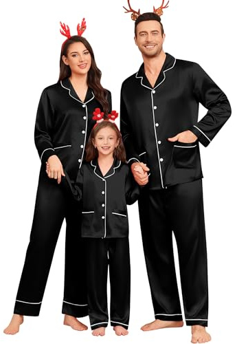 SWOMOG Mens Matching pyjamas Sets Silk Pjs Set with 2 Pockets Long Sleeve Button Down Sleepwear Loungewear Black X-Large