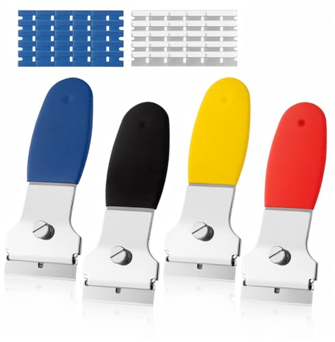 Rechabite 4 Pack Razor Blade Scraper, with 20 Metal & 20 Plastic Blades, Multi-Purpose Cleaning Remover Tool for Glass Caulk, Adhesive, Wall, Stovetop, Paint, Window, Sticker, Tile, Label Decals