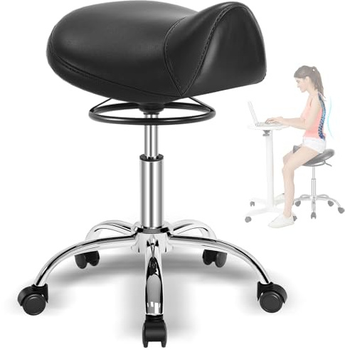 Saddle Stool with Wheels 300 lbs Weight Capacity, Heavy Duty Rolling Stool for Medical Massage Salon Kitchen Spa Drafting Nail-Tech,Height Adjustable,360 Swivel,Wide Thick Seat Padding (Black)