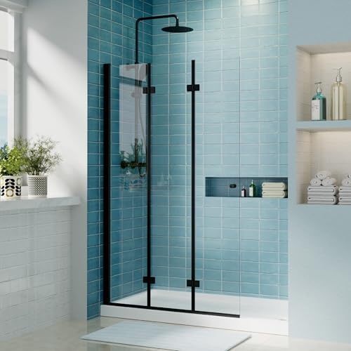 iBath Shower Door, 43 W x 72 H, 1/4 Tempered Glass with Easy Clean Coating and Shatterproof Film, Reversible Frameless 3-Panel Folding Shower Glass Door, Matte Black