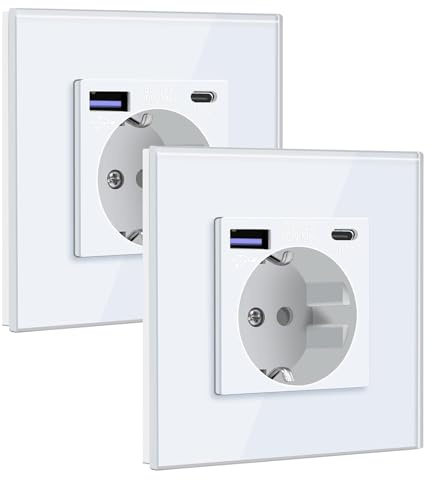 BSEED Enchufe Schuko con USB C 20W 1 Gang 2 Pack, Enchufe de Pared con USB 16A con Placa de Cristal 86 * 86mm, Blanco