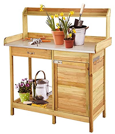 Potting Bench Work Station Wooden Garden Potting Bench Tables Work Station with Metal Table Top, Cabinet, Sliding Drawer and Hook, Storage Boacttom Shelf, 101.6x41.4x125cm, Natural