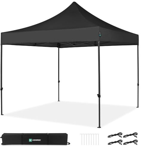 VONROC Tente Easy-Up - 3x3 m – Pliante - Design Modulaire : Auvent, Tonelle, Chapiteau, Marchés Saisons – Pliable – Imperméable – Cadre en Acier - Protection UV 50+ - Noir - Sac de Rangement Inclus