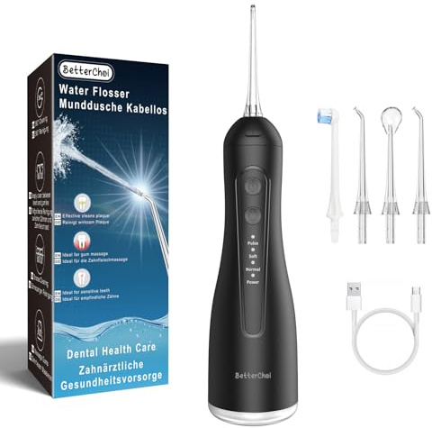 Betterchoi Idropulsore Dentale Portatile Idrogetto per Pulizia Denti Professionale, Irrigatore orale, Irrigatore Dentale, Water Flosser Dentale, Ricarica USB di Tipo C per Casa e Viaggi, Nero