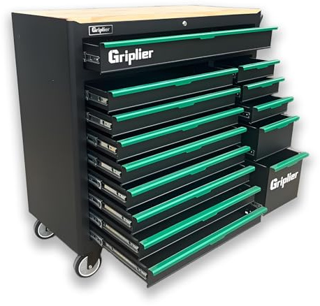 Griplier 14-Drawers Rolling Tool Chest with Wood Workbench,Brake Casters,Lock & Key,Heavy-Duty Steel Tool Cabinet Storage, for Home,Garbge or Workshop Use (14 Drawers)