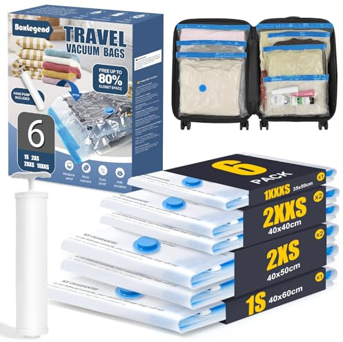 BoxLegend 6 Pezzi Sacchetti sottovuoto per Viaggi per Abiti - Spessi e Impermeabili, Adatti a Valigie e Zaini, con Pompa Manuale, Risparmia Spazio nella Valigia 1*40x60+ 2*40x50+ 2*40x40+ 1*35x50cm
