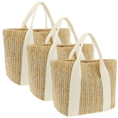 Deuson Lot de 3 sacs en paille - Grand sac de plage rétro pour femme - Sac de transport tissé pour les vacances, les voyages, la plage - Été
