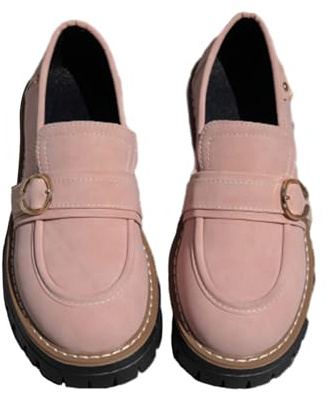 Scarpe da donna comode in stile britannico retrò, senza lacci, suola in gomma antiscivolo, con tacco grosso, mocassini da donna casual per passeggiate, rosa, 40.5 EU