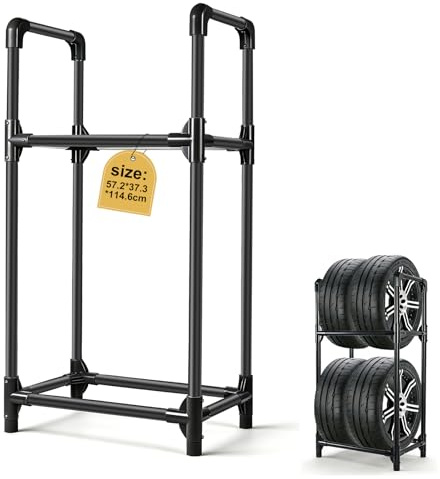 EXLECO Reifenständer 4 Reifen, 57x37x114cm Reifenregal, Felgenbaum für Autoreifen, Werkstattregal, Garage Reifenhalter, Felgenständer, Schwarz Beschichteter Stahl, Tragkraft 200 kg
