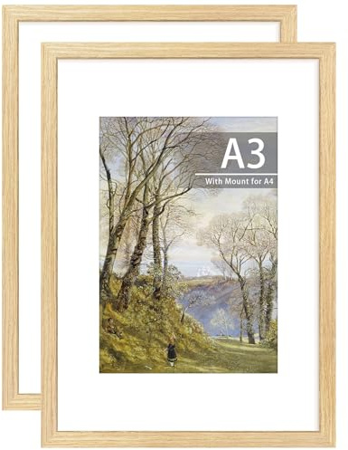 Tinkeps 2 Pack A3 Oak Picture Frame, 100% Solid Wood and Plexiglass, A3 Frame with Mount for A4 Prints, Photos, and Posters, Wall Mountable