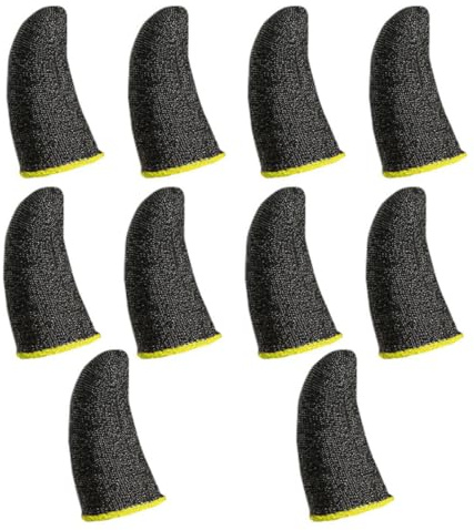 FRCOLOR Lot de 10 Manchons de Doigt Anti-Transpiration 18 Coutures, Noirs Bordure Jaune, en Fibre D'argenté Respirante, Protection Tactile pour Jeu Mobile et Accessoires Gaming