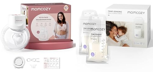 Momcozy S12 Pro Quick Tiralatte Elettrico a Mani Libere, Indossabile e Wireless con Flangia da 24mm DoubleFit™, 3 Modalità e 9 Livelli, Display Intelligente, 120 Sacchetti per Conservare il Latte Mate